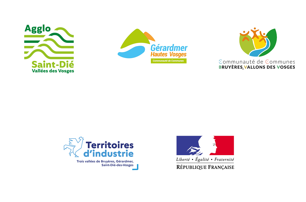 Logo de l'agglomération de Saint-Dié-des-Vosges, de l’État, la Communauté des Communes de Bruyères, Vallons des Vosges, la Communauté de Communes de Gérardmer Hautes Vosges et le logo des territoires d'industrie